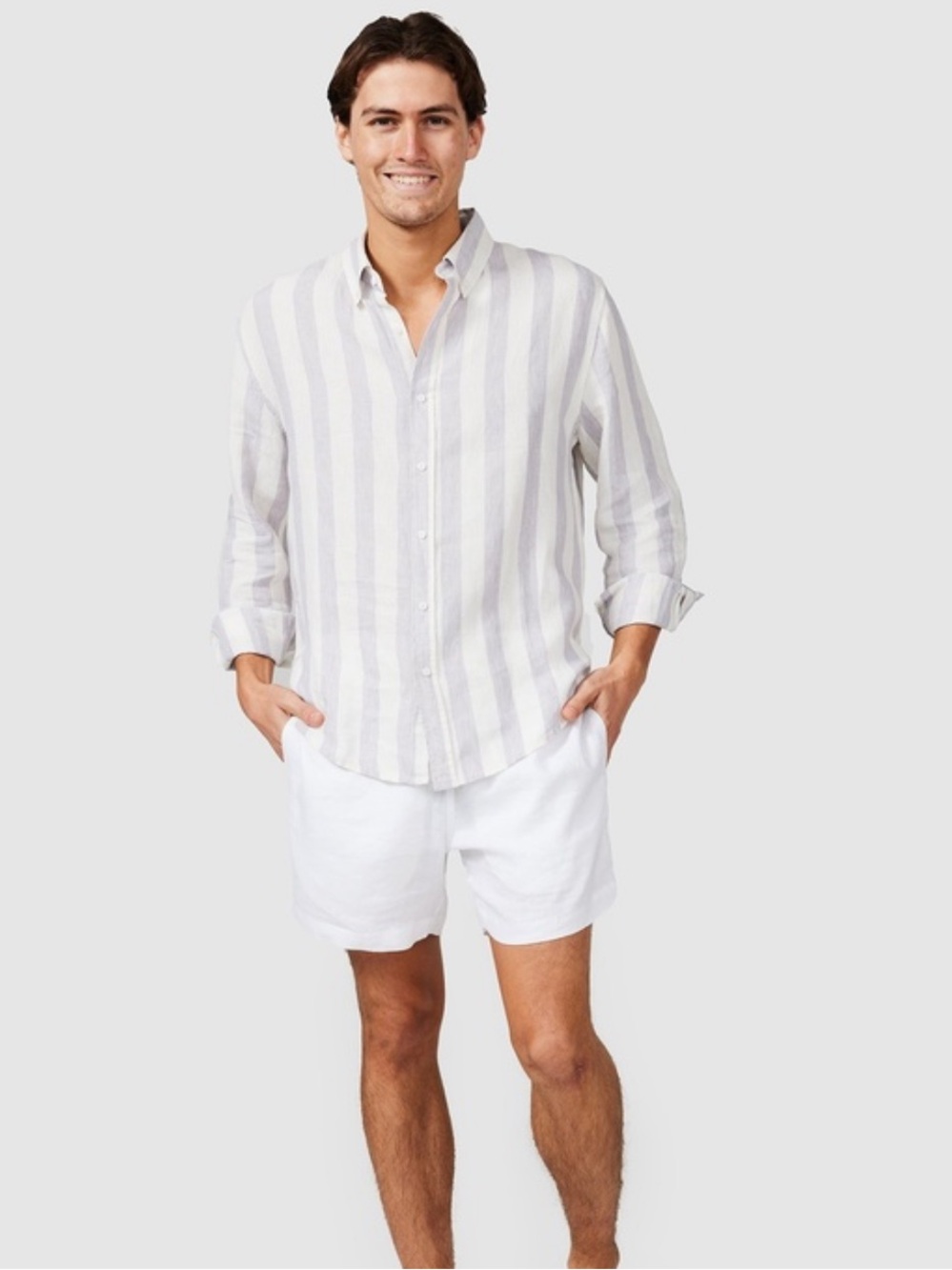 Vacay Men’s Linen Grey Striped Button Down Shirt